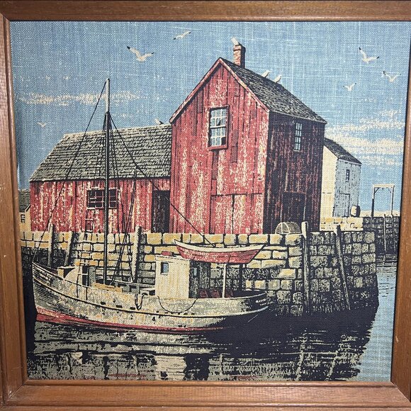 Vintage Nautical Wooden Framed Dockside Fishing Boat Cove Linen Wall Art Print - Picture 4 of 6